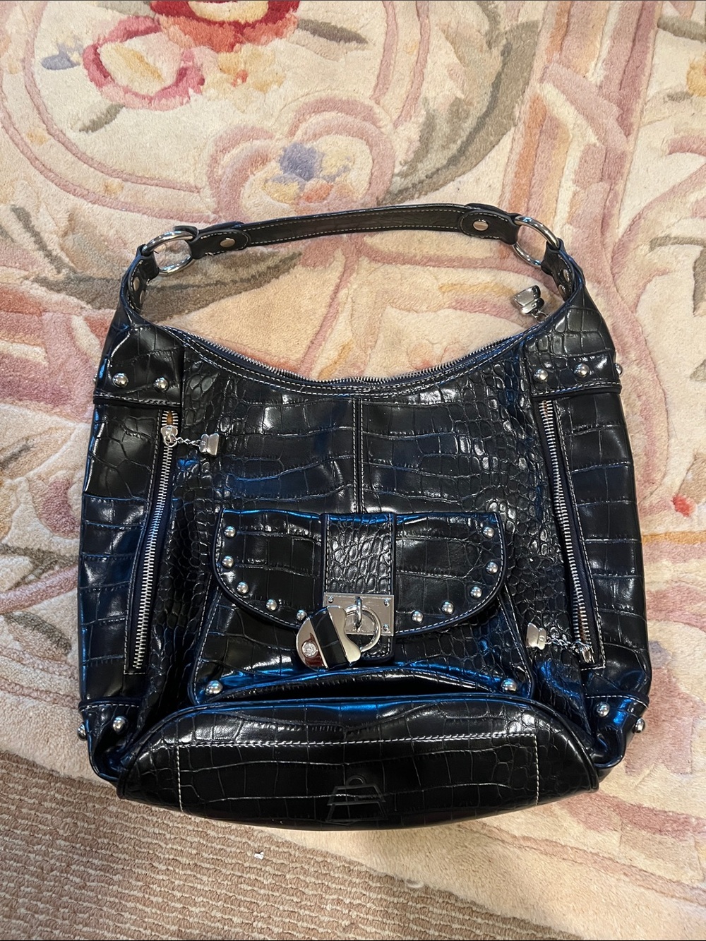 Y2K ✨️Kathy Van Zeeland✨️ Black Croc-Embossed Shoulder Bag with Silver Hardware
